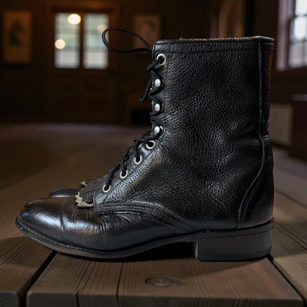 VTG Laredo Lace Up Roper Boots Womens Black Cowgirl Western Country Size 7.5M